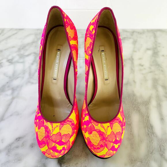 Nicholas Kirkwood Neon Pink Yellow Lace Platform 36.5 Pump 80's Bright Dance Y2K - Picture 3 of 8